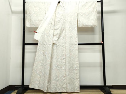 平和屋着物▽上質な紬　単衣　扇面草花文　正絹　逸品　CAAQ0068vf