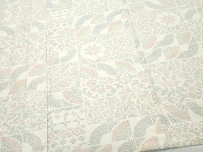 平和屋着物▽上質な紬　単衣　扇面草花文　正絹　逸品　CAAQ0068vf