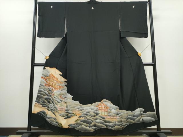 平和屋着物■豪華黒留袖 駒刺繍 風景文 金彩 正絹 逸品 CAAQ0713ng