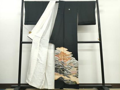 平和屋着物■豪華黒留袖 駒刺繍 風景文 金彩 正絹 逸品 CAAQ0713ng