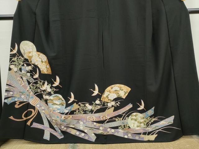 平和屋着物□豪華黒留袖 束ね熨斗飛鶴色紙花文 金彩 正絹