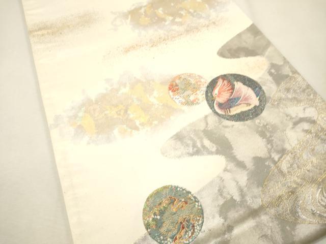 平和屋着物■太鼓柄袋帯　唐織　水禽円寿文　引箔　金銀糸　正絹　逸品　CAAQ3342ak