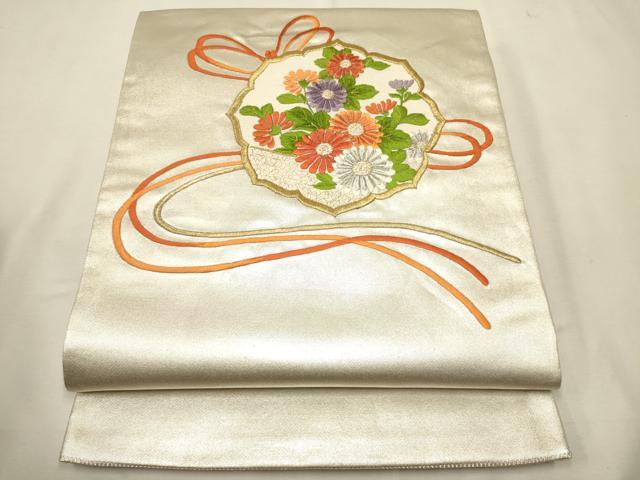 平和屋着物■太鼓柄袋帯 総刺繍 草花文 金銀糸 引箔 正絹 逸品 CAAQ3435ak