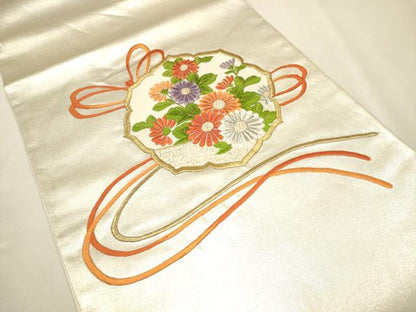平和屋着物■太鼓柄袋帯 総刺繍 草花文 金銀糸 引箔 正絹 逸品 CAAQ3435ak