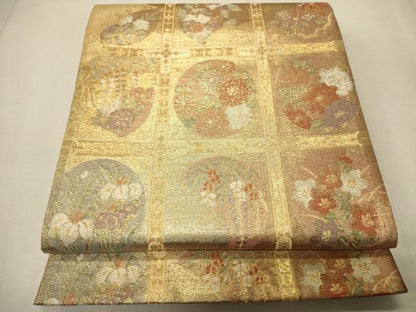 平和屋着物▼六通柄袋帯 光悦佐賀錦 市松花丸文 金糸 正絹 逸品 CAAQ3566ak