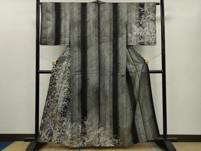 平和屋着物▽訪問着 単衣 刺繍 草花文 黒地 金銀彩 正絹 逸品 CAAQ5116dy
