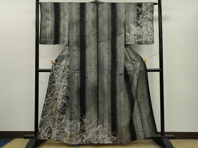 平和屋着物▽訪問着 単衣 刺繍 草花文 黒地 金銀彩 正絹 逸品 CAAQ5116dy
