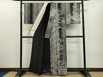 平和屋着物▽訪問着 単衣 刺繍 草花文 黒地 金銀彩 正絹 逸品 CAAQ5116dy