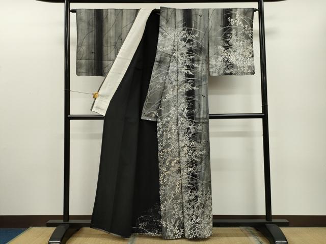 平和屋着物▽訪問着 単衣 刺繍 草花文 黒地 金銀彩 正絹 逸品 CAAQ5116dy
