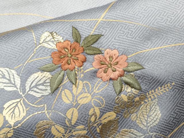 モダン＊粋！刺繍・花唐草箔散らし暈し染・金彩【正絹】逸品【未