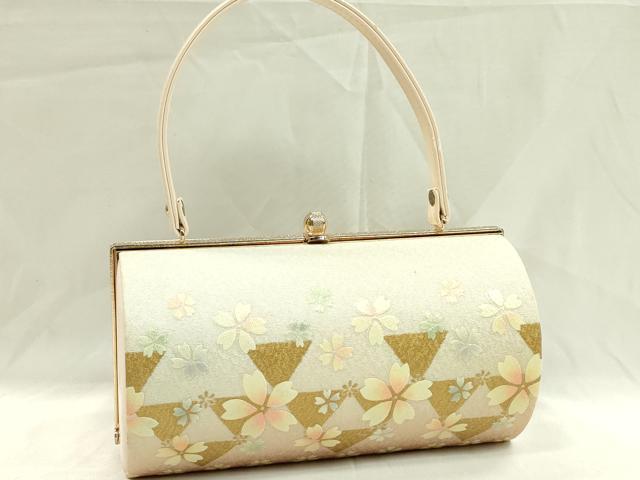 平和屋着物●和装小物 和装バッグ ハンドバッグ 鱗桜文 金彩 本皮 逸品 CAAQ8082ju