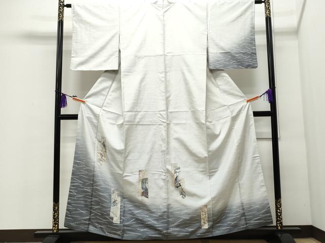 平和屋着物●訪問着 紬地 短冊人物花文 溢れ松葉文 正絹 逸品 CAAQ9081vf