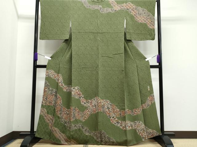 平和屋着物●訪問着 作家物 型染め 都巳二 花唐草文 鬼しぼ縮緬 正絹 逸品 CAAQ9172vf