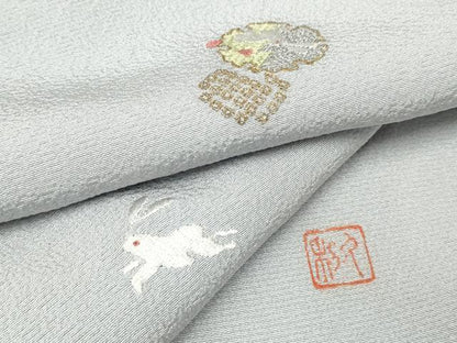 平和屋着物●上質な小紋　作家物　手描き　刺繍　跳兎　草花丸文　金糸　正絹　逸品　CAAQ9455th