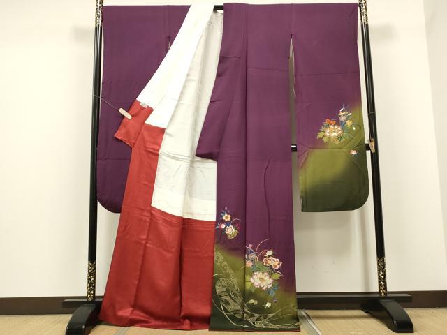 平和屋着物●豪華振袖 総刺繍 草花文 暈し染め 金糸 正絹 逸品 CAAQ9480th
