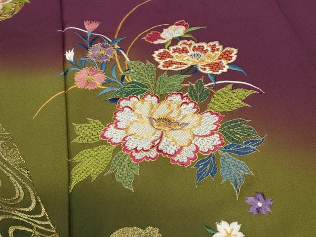 平和屋着物●豪華振袖 総刺繍 草花文 暈し染め 金糸 正絹 逸品 CAAQ9480th
