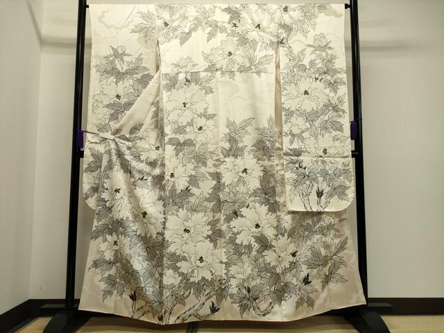 平和屋着物●豪華振袖　手描き　枝牡丹　正絹　逸品　CAAR0822gh