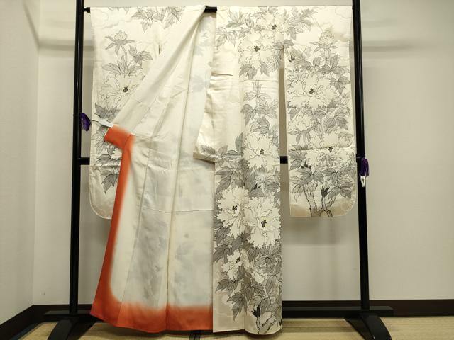 平和屋着物●豪華振袖　手描き　枝牡丹　正絹　逸品　CAAR0822gh