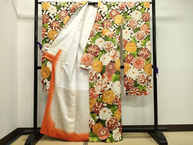 平和屋着物●豪華振袖 駒刺繍 乱菊花文 黒地 金彩 金通し地 正絹 逸品 CAAR0829gh