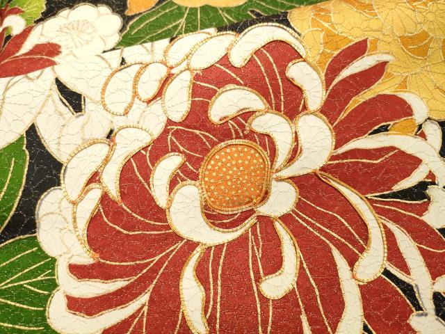 平和屋着物●豪華振袖 駒刺繍 乱菊花文 黒地 金彩 金通し地 正絹 逸品 CAAR0829gh