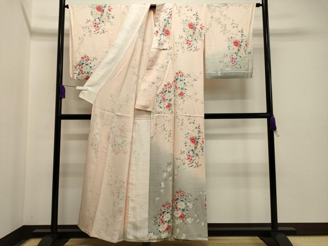 平和屋着物▽訪問着　単衣　尾長鳥花文　暈し染め　金彩　正絹　逸品　CAAR1019gh