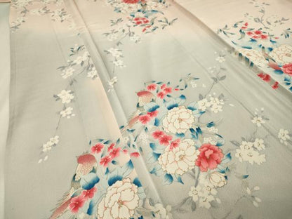 平和屋着物▽訪問着　単衣　尾長鳥花文　暈し染め　金彩　正絹　逸品　CAAR1019gh