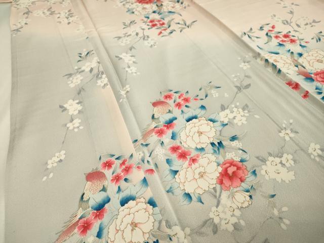 平和屋着物▽訪問着　単衣　尾長鳥花文　暈し染め　金彩　正絹　逸品　CAAR1019gh