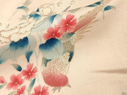 平和屋着物▽訪問着　単衣　尾長鳥花文　暈し染め　金彩　正絹　逸品　CAAR1019gh