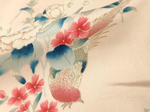 平和屋着物▽訪問着　単衣　尾長鳥花文　暈し染め　金彩　正絹　逸品　CAAR1019gh