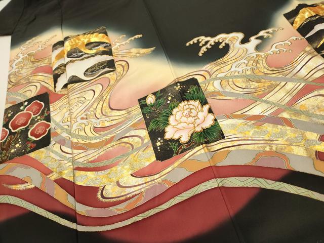 平和屋着物●世界的ファッションデザイナー 山本寛斎 kansaiブランド 黒留袖 駒刺繍 流水色紙琳派図 暈し染め 金銀彩 正絹 逸品 CAAR1258hy