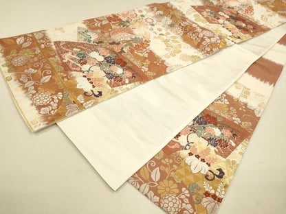 平和屋着物●六通柄袋帯　唐織　地紙草花文　金糸　正絹　逸品　CAAR1302hy