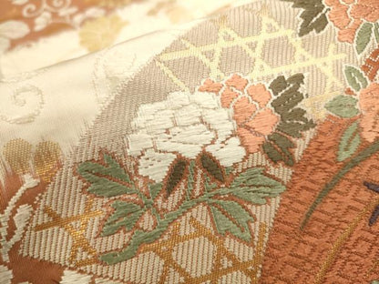 平和屋着物●六通柄袋帯　唐織　地紙草花文　金糸　正絹　逸品　CAAR1302hy