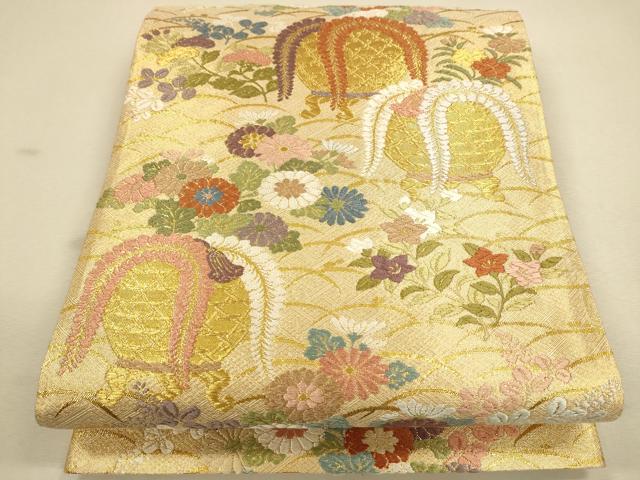 平和屋着物●佐賀錦 六通柄袋帯 花籠文 金糸 正絹 逸品 CAAR1303hy