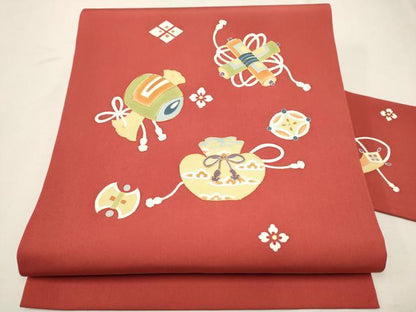 平和屋着物●塩瀬　九寸名古屋帯　駒刺繍　宝尽くし文　金彩　正絹　逸品　CAAR1357hy