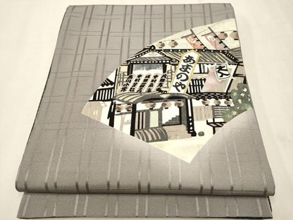 平和屋着物●両面 太鼓柄袋帯 地紙風景文 金銀彩 正絹 逸品 CAAR1426hy