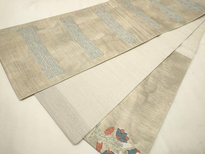 平和屋着物▽スリーシーズン 春夏秋 太鼓柄袋帯 刺繍 花鳥文 金銀糸 正絹 逸品 CAAR1448hy