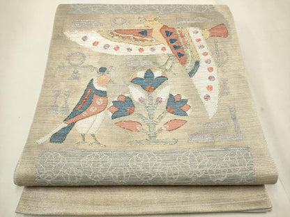 平和屋着物▽スリーシーズン 春夏秋 太鼓柄袋帯 刺繍 花鳥文 金銀糸 正絹 逸品 CAAR1448hy