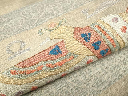 平和屋着物▽スリーシーズン 春夏秋 太鼓柄袋帯 刺繍 花鳥文 金銀糸 正絹 逸品 CAAR1448hy