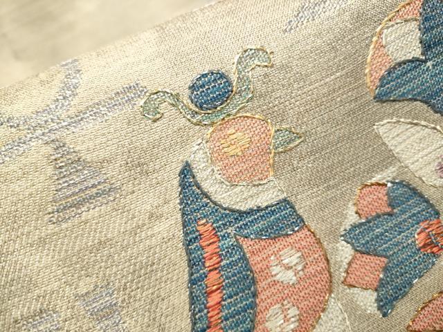 平和屋着物▽スリーシーズン 春夏秋 太鼓柄袋帯 刺繍 花鳥文 金銀糸 正絹 逸品 CAAR1448hy