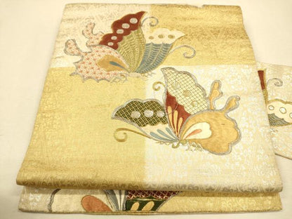 平和屋着物●アンティーク 大正ロマン 九寸名古屋帯 総刺繍 駒刺繍 舞蝶文 金銀糸 正絹 逸品 CAAR1475hy