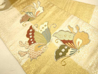 平和屋着物●アンティーク 大正ロマン 九寸名古屋帯 総刺繍 駒刺繍 舞蝶文 金銀糸 正絹 逸品 CAAR1475hy
