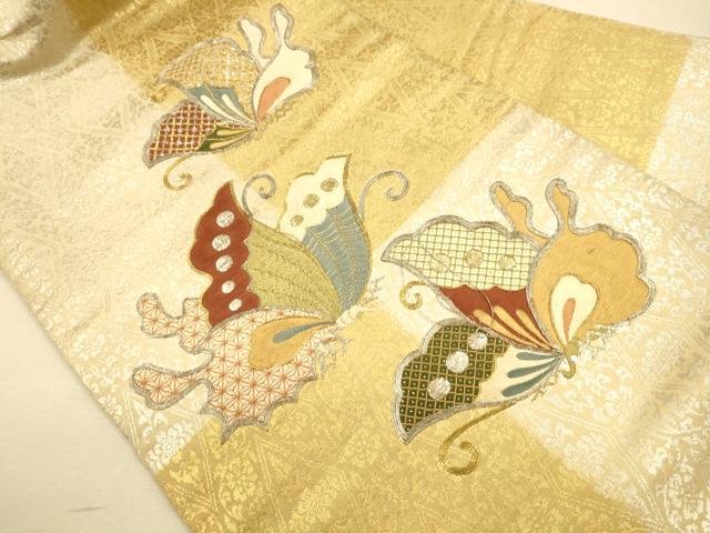 平和屋着物●アンティーク 大正ロマン 九寸名古屋帯 総刺繍 駒刺繍 舞蝶文 金銀糸 正絹 逸品 CAAR1475hy