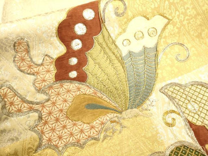 平和屋着物●アンティーク 大正ロマン 九寸名古屋帯 総刺繍 駒刺繍 舞蝶文 金銀糸 正絹 逸品 CAAR1475hy