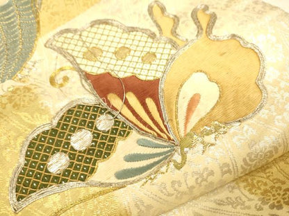 平和屋着物●アンティーク 大正ロマン 九寸名古屋帯 総刺繍 駒刺繍 舞蝶文 金銀糸 正絹 逸品 CAAR1475hy