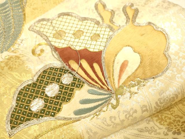 平和屋着物●アンティーク 大正ロマン 九寸名古屋帯 総刺繍 駒刺繍 舞蝶文 金銀糸 正絹 逸品 CAAR1475hy