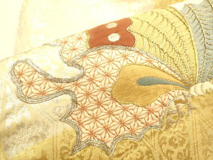 平和屋着物●アンティーク 大正ロマン 九寸名古屋帯 総刺繍 駒刺繍 舞蝶文 金銀糸 正絹 逸品 CAAR1475hy