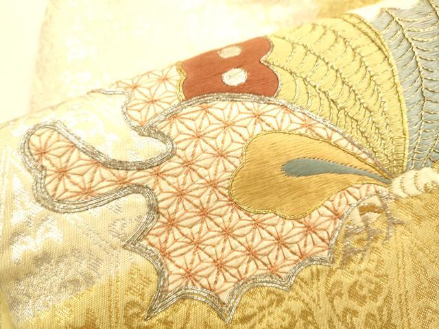 平和屋着物●アンティーク 大正ロマン 九寸名古屋帯 総刺繍 駒刺繍 舞蝶文 金銀糸 正絹 逸品 CAAR1475hy