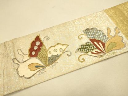 平和屋着物●アンティーク 大正ロマン 九寸名古屋帯 総刺繍 駒刺繍 舞蝶文 金銀糸 正絹 逸品 CAAR1475hy