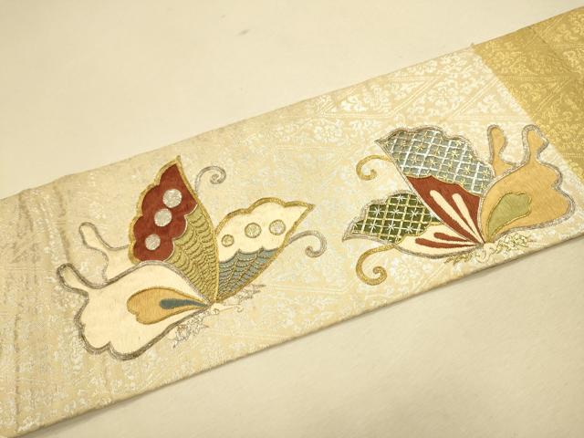 平和屋着物●アンティーク 大正ロマン 九寸名古屋帯 総刺繍 駒刺繍 舞蝶文 金銀糸 正絹 逸品 CAAR1475hy