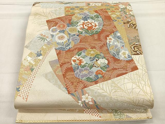 平和屋着物◎六通柄袋帯 唐織 色紙花鳥文 金銀糸 正絹 逸品 CAAR1645nb